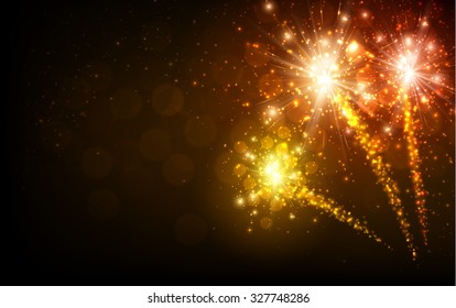 Festive yellow firework background. Vector illustration.