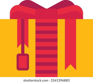 Festive yellow gift box adorned with a vibrant red and purple ribbon and bow, perfectly prepared for celebrating special occasions like birthdays, holidays, and anniversaries