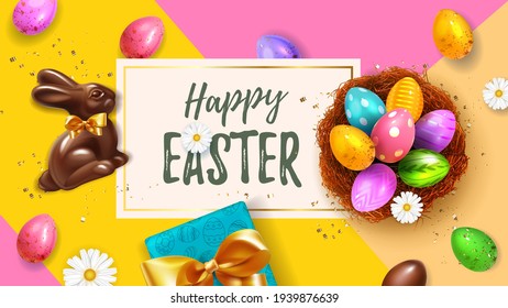 Festive yellow Happy Easter Blue horizontal web banner. Realistic 3d Spring holiday. Easter colored eggs in nest with rabbit ears and chocolate bunny. Promotion sale and shopping template for Easter. 