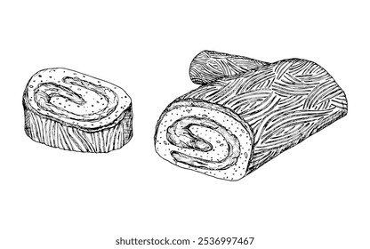 Ein festlicher Yule-Blockkuchen, Buche de Noel, Weihnachtsfeiertagsessen mit geschnittenem, gerolltem Gebäck. Eine detaillierte schwarz-weiße handgezeichnete Tintenvektorgrafik.