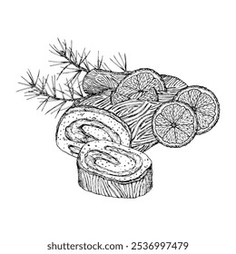 A festive yule log cake, buche de Noel, Christmas holiday meal featuring, sliced rolled pastries, orange slices, and pine branches. A detailed black and white hand drawn ink vector illustration.