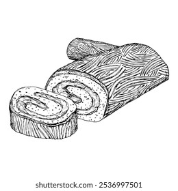 A festive yule log cake, buche de Noel, Christmas holiday meal featuring, sliced rolled pastrie. A detailed black and white hand drawn ink vector illustration.