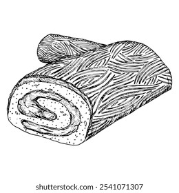 A festive yule log cake, buche de Noel, Christmas holiday meal featuring, rolled pastrie. A detailed black and white hand drawn ink vector illustration.