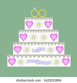 Festively beautifully decorated white flint wedding cake isolated on a green background. Flat vector illustration.