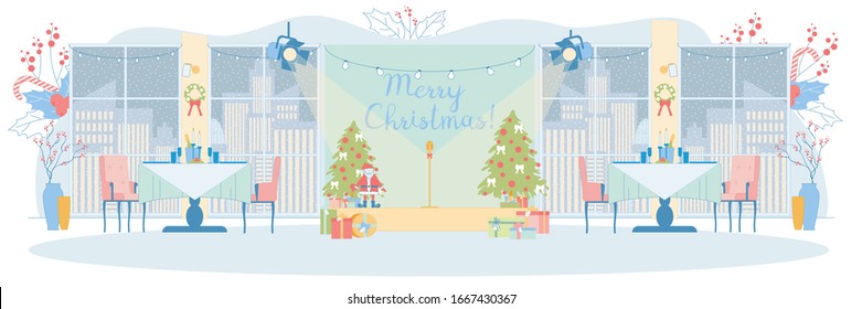 Festively Decorated Banqueting Hall. Stage with Microphone, Christmas Trees, Santa Clause Toys, and Gift Boxes. Laid Tables with Candles and Sparkling Wine. Windows Facing Big City with Snowy Weather.