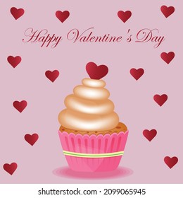 Festively decorated cupcakes for Happy Valentines Day. Vector cartoon style illustration of sweet cupcake.