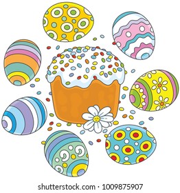 Festively decorated Easter cake and colorfully painted eggs with white flower, a vector illustration