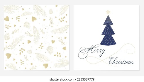 Festively decorated New Year and Christmas card, blue background, Christmas tree, snowflake, star, golden brush waves. For a poster, a corporate greeting card, a greeting card. Hand drawing.