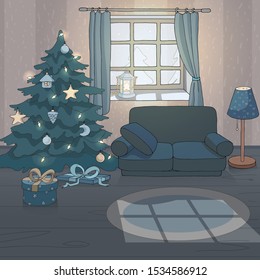 Festively decorated room with a Christmas tree and gift boxes, window with winter view, curtains,  lantern and sofa. Festive interior design. Vector illustration. Decor element for gift card. 
