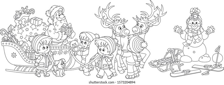 Festively decorated sleigh with magic reindeers of Santa Claus giving Christmas presents to happy and merry small children, black and white vector cartoon illustration for a coloring book page