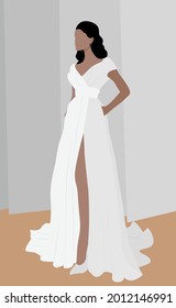 Festively dressed girl. Vector flat illustration of a girl in a long white dress. Wedding Dress. Design for cards, posters, backgrounds, templates, textiles, menus, backgrounds, avatars.