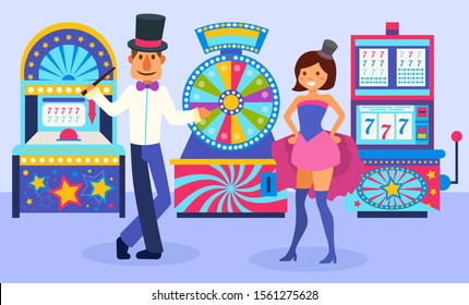 Festively dressed smiling magician man and assistant girl standing in front of slot machines vector illustration. Fortune wheel and different game machines cartoon flat style.