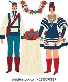 Festivities hungarian tradition, man woman couple in culture wedding clothes, vector illustration. Romanian serbian tradition for couple