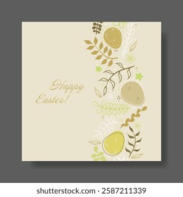 Festivity. Elegant Easter greeting with delicate pastel tones, decorated eggs, floral details, soft spring shades. Christian holiday message, peace, and seasonal warmth