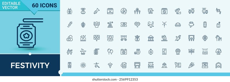 Festivity linear icon collection. Contains related to ball, alcohol, firework, party, music and more. Thin linear style icons. Editable stroke. Vector illustration.