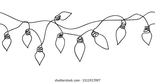 Festoon, Garland, Glowing Light Vector Seamless Border. One Continuous Line Drawing Garland For Celebration, Festival, Carnival, Xmas, New Year Banner, Background.