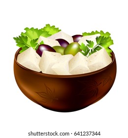 Feta cheese or brynza in ceramic bowl with olives, salad leaves and parsley sprigs. Hand drawn vector illustration isolated on white background.