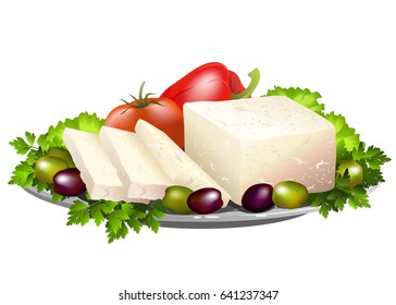 Feta cheese or brynza with fresh vegetables. Hand drawn vector illustration isolated on white background.