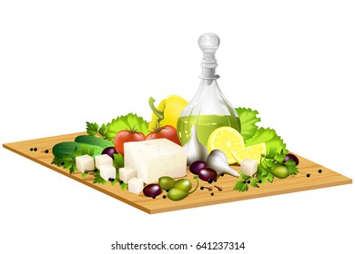 Feta cheese or brynza on wooden board with fresh vegetables and bottle of olive oil for salad. Hand drawn vector illustration isolated on white background.