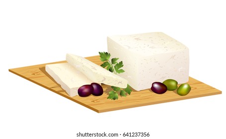 Feta cheese or brynza on wooden board with fresh olives and parsley sprig. Hand drawn vector illustration isolated on white background.