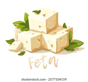 Feta cheese cubes with a rustic gourmet touch vector illustration isolated on white background. Creamy texture cartoon-style food icon for kitchen decor, vegan or cheese-themed menus, and culinary