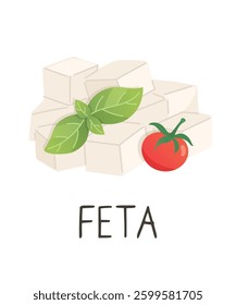Feta cheese cubes with tomato and basil. Organic farm food. Design element, cartoon flat illustration for logo, poster, menu. Isolated on white background.