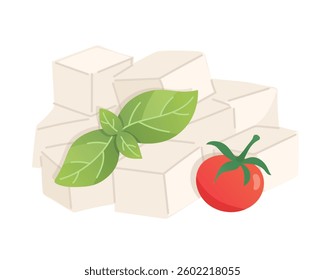 Feta cheese cubes with tomato and basil. Organic farm food. Design element, cartoon flat illustration for logo, poster, menu. Isolated on white background.