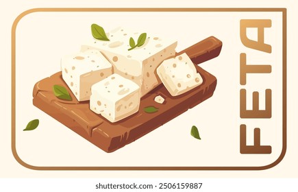 Feta cheese on a cutting board vector icon isolated on white background. A delicious dairy delight cartoon illustration. Block of feta cheese with a slightly crumbled texture