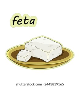 Feta cheese on a plate. Sticker of feta cheese on a plate, hand drawn, vector illustration in doodle style.