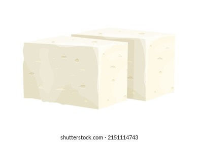 Feta cheese piece in cartoon style detailed ingredient isolated on white background. Greek curd white cheese made from sheeps milk or milk bean. 