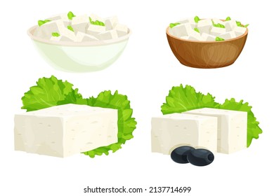 Feta cheese pieces in bowl in cartoon style detailed ingredient isolated on white background. Greek curd white cheese made from sheeps milk or milk bean. 