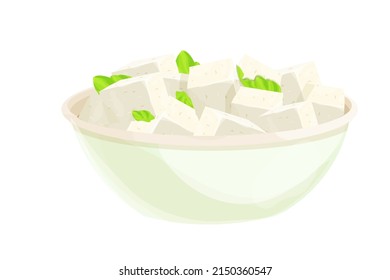 Feta cheese pieces in bowl in cartoon style detailed ingredient isolated on white background. Greek curd white cheese made from sheeps milk or milk bean. 