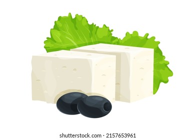 Feta cheese pieces decorated with black olives and lettuce leaves in cartoon style isolated on white background. Dairy product, ingredient. 