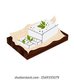 Feta cheese. Sliced ​​cheese on a wooden board with spices. Traditional Greek cuisine. Flat vector illustration.	
