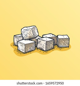 Feta cheese slices on yellow background in linear style sketch. Hand-drawn color illustration of soft cheese.
