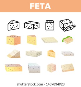 Feta, Cow Dairy Product Vector Linear Icons Set. Differently Shaped And Colored Feta Cheese Slice. Fresh Natural Snack Thin Line Pictograms. Greek Cheese With Holes, Curd Product Flat Illustrations