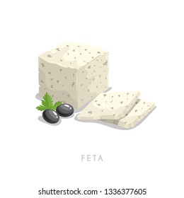 Feta soft cheese. Greek traditional cheese with parsley leaves and black olives composition. Cartoon flat style fresh diary traditional product. Vector illustration icon isolated on white background.