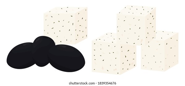 Feta soft cheese with spices and olives isolated on white background. Greek traditional food cartoon flat style vector illustration. Fresh diary product.