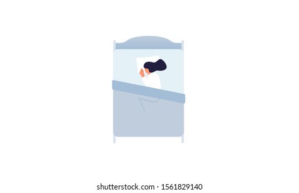 Fetal sleep position vector illustration. Top view on flat female character sleeping on side. Healthcare, healthy lifestyle concept. Isolated on white.