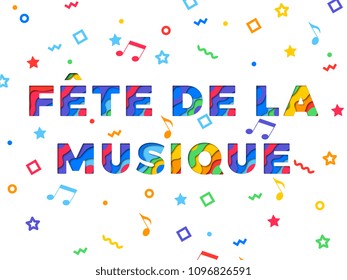 fete de la musique (world music day) banner design layout with paper cut colorful layered text for greeting cards, posters, invitations, brochures