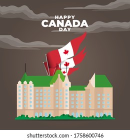 Fete du Canada (Translate: Canada day). Happy national holiday. Celebrated annually on July 1 in Canada. Canada flag. Patriotic poster design. Vector illustration