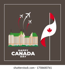 Fete du Canada (Translate: Canada day). Happy national holiday. Celebrated annually on July 1 in Canada. Canada flag. Patriotic poster design. Vector illustration
