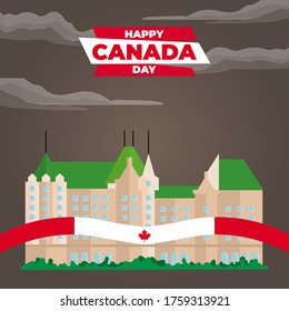 Fete du Canada (Translate: Canada day). Happy national holiday. Celebrated annually on July 1 in Canada. Canada flag. Patriotic poster design. Vector illustration