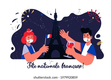 Fete nationale francaise - Bastille Day on 14 July. People wearing protective face mask celebrating the French National Day. New normal during covid-19 pandemic. Eiffel Tower, french flag. Isolated.