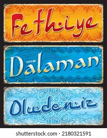 Fethiye, Dalaman, Oludeniz, Turkish City Travel Stickers And Plates, Vector Tin Signs And Luggage Tags. Turkey Travel And Tourism Trip Stickers Or Grunge Plates With Turkish Cities Emblems And Flags