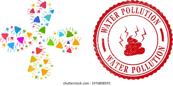 Fetid shit colored curl flower with four petals, and red round WATER POLLUTION corroded seal. Fetid shit symbol inside round seal. Object twist created from scattered fetid shit items.