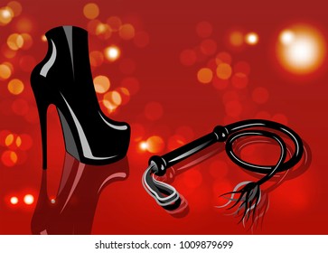 Fetish and bondage stuff for role playing and BDSM: high heels shoes, leather whip, vector isolated or red blurry background 