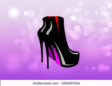 Fetish red and black shoes vector isolated on pink  blurred background. 3D woman boots on high heels