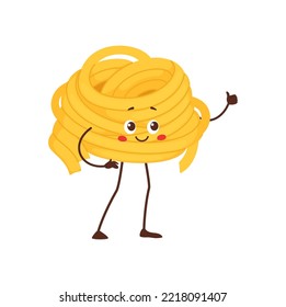 Fettuccine o filini pasta vermicelles lindo personaje de dibujos animados. Vector Spaghetti, comida italiana. Comida mediterránea tradicional, fideos largos crudos