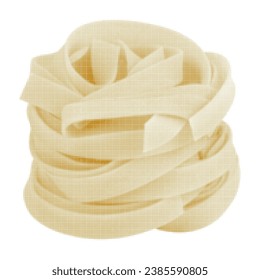 Fettuccine nest raw, isolated, from circle dots of different sizes on white background